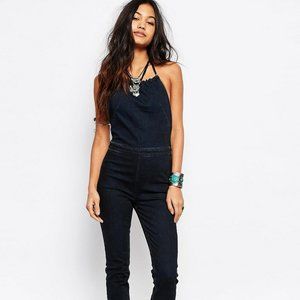 Free People Hearts on Fire Halterneck Denim Jumpsuit Women's 6. Runs small.